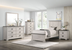 This bedroom set embodies a breezy, transitional style that harmonizes with any decor. The gracefully designed bed, with its panel headboard and soothing finish, invites a sense of calm and simplicity. Complementing the bed are the dresser and mirror, tal