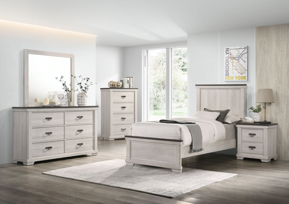 This bedroom set embodies a breezy, transitional style that harmonizes with any decor. The gracefully designed bed, with its panel headboard and soothing finish, invites a sense of calm and simplicity. Complementing the bed are the dresser and mirror, tal