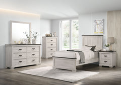 This bedroom set embodies a breezy, transitional style that harmonizes with any decor. The gracefully designed bed, with its panel headboard and soothing finish, invites a sense of calm and simplicity. Complementing the bed are the dresser and mirror, tal