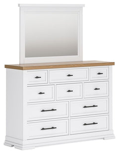 Casual style with substance. This two-tone dresser with mirror raises the bar on comfortably cozy design in your soothing sanctuary. A sturdy silhouette with a classic white finish and black metal hardware exudes modern farmhouse vibes. The butcher block 