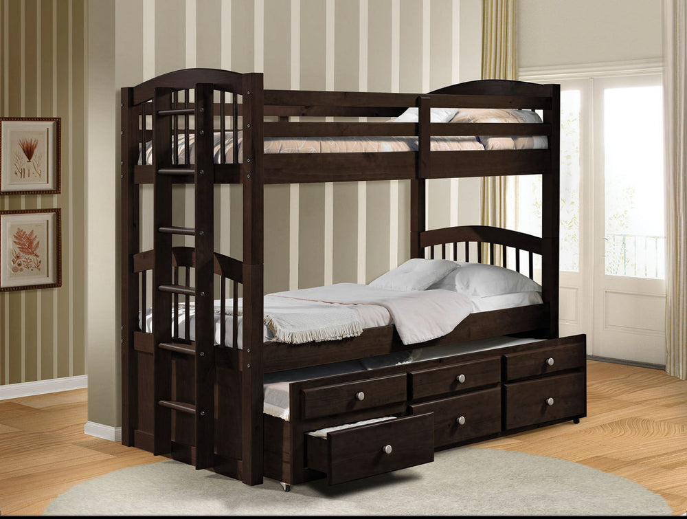 KD, T/T Bunk & Trundle w/3 Drw Slat System (13+13+13) Convertible (To be used Stacked or 2 Separated Beds) Reversible Side Ladder Full Length Guard-Rail (Top Bed) Trundle w/3 Storage Drw (Max. Height Mattress: 10-") Mission Style HB/FB Clearance between F