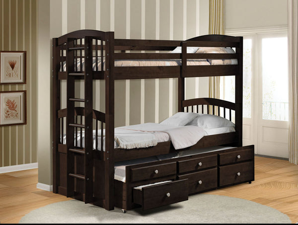 KD, T/T Bunk & Trundle w/3 Drw Slat System (13+13+13) Convertible (To be used Stacked or 2 Separated Beds) Reversible Side Ladder Full Length Guard-Rail (Top Bed) Trundle w/3 Storage Drw (Max. Height Mattress: 10-") Mission Style HB/FB Clearance between F