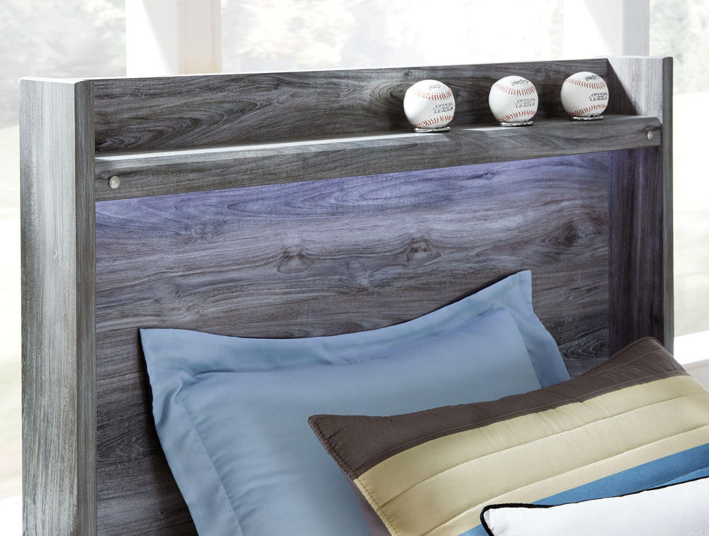 Rest in the beachy style of this full panel bed. Its driftwood and surfer-inspired smoky finish and cool LED lighting give this bed a rustic look that-'s perfect for creating an island oasis. Clean lines and modern charm blend for an authentic look to be 