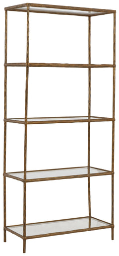 Classic in design with a dash of textural appeal, this bookcase provides endless possibilities for displaying your decor. Five shelves offer the perfect perch for potted plants, books or your favorite framed artwork. The frame-'s antiqued brass-tone finis