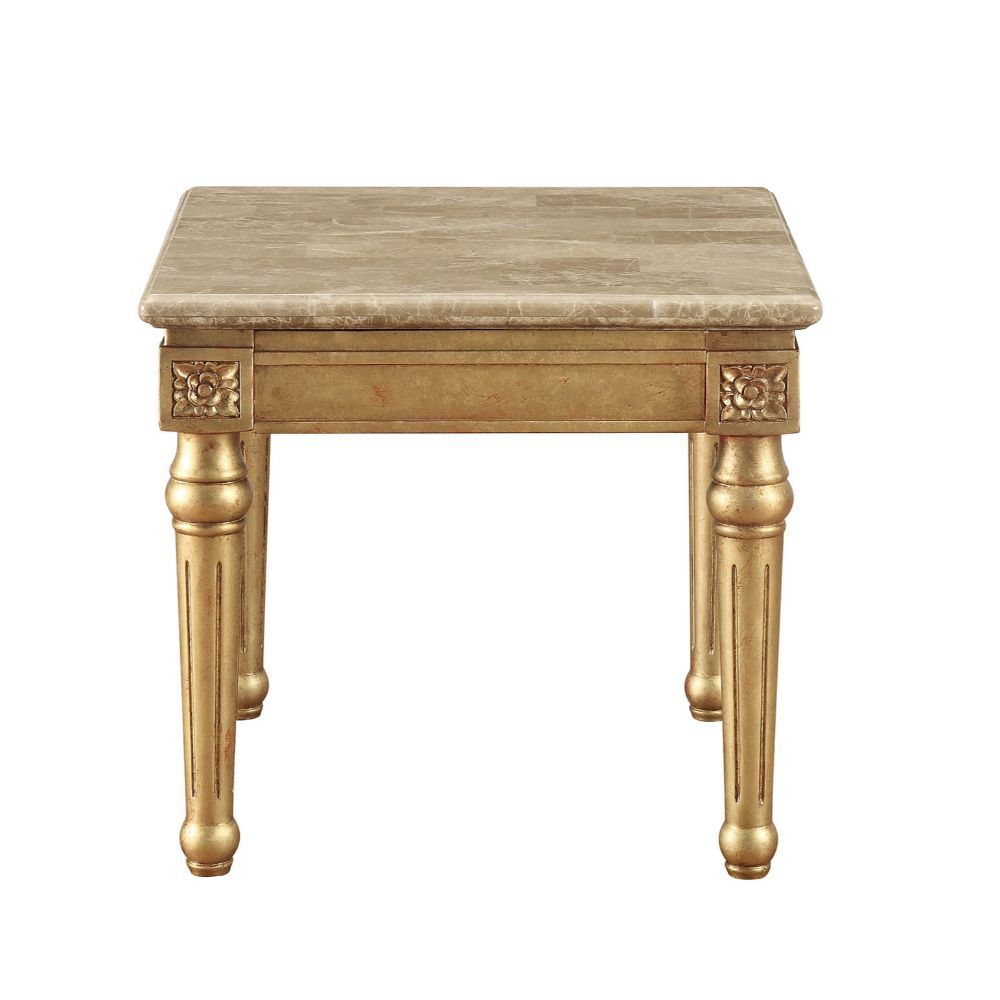 KD, Square Leg End Table â€¢ No Storage (Open Base) â€¢ Marble Top: Spain Import Marble with MDF â€¢ Wooden Apron with Corner Carved Floral Motifs: Antique Gold Finish, Poplar Wood â€¢ Wooden Turned Legs with Fluted Details: Antique Gold Finish, Poplar Wo