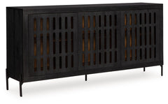 This accent cabinet showcases high-end style with a captivating design. A cleverly placed cutout offers a sneak peek inside, making it a versatile choice for use as a buffet, console or media cabinet. Contemporary and casual, this piece epitomizes laid-ba