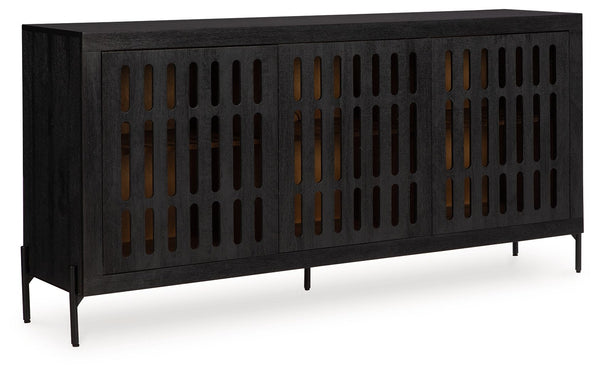 This accent cabinet showcases high-end style with a captivating design. A cleverly placed cutout offers a sneak peek inside, making it a versatile choice for use as a buffet, console or media cabinet. Contemporary and casual, this piece epitomizes laid-ba