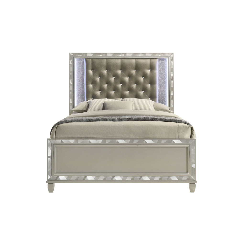Discover the Radiance Queen Bed in Platinum Silver, meticulously crafted for enduring stability and durability from a combination of Solid Rubberwood and manufactured woods. Its semi-gloss lacquer Platinum Silver finish adds a silky, modern touch to this 