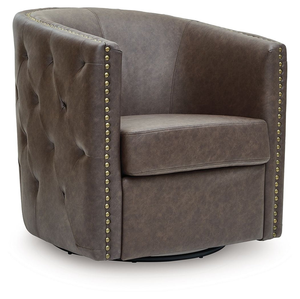 Complete your cozy reading nook or chic seating area with this swivel accent chair. Handsome with its dark faux leather upholstery, the seating is perched on a 360-degree swivel base for the perfect blend of style and function. Design details like tufted 