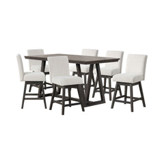 The High Line 7 Piece Counter Dining Set with Swivel Stools combines style, durability, and comfort. This set includes a counter-height trestle table and six white swivel counter chairs, offering both functionality and a modern look. Crafted from solid Ac