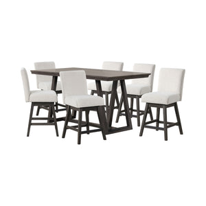 The High Line 7 Piece Counter Dining Set with Swivel Stools combines style, durability, and comfort. This set includes a counter-height trestle table and six white swivel counter chairs, offering both functionality and a modern look. Crafted from solid Ac