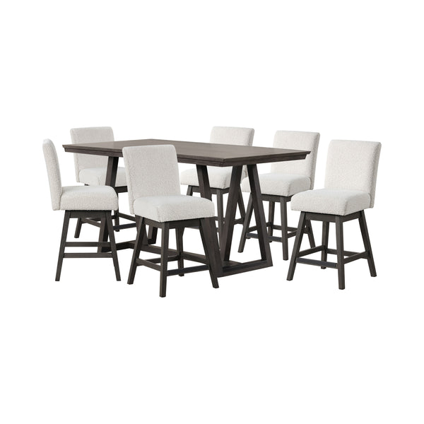 The High Line 7 Piece Counter Dining Set with Swivel Stools combines style, durability, and comfort. This set includes a counter-height trestle table and six white swivel counter chairs, offering both functionality and a modern look. Crafted from solid Ac
