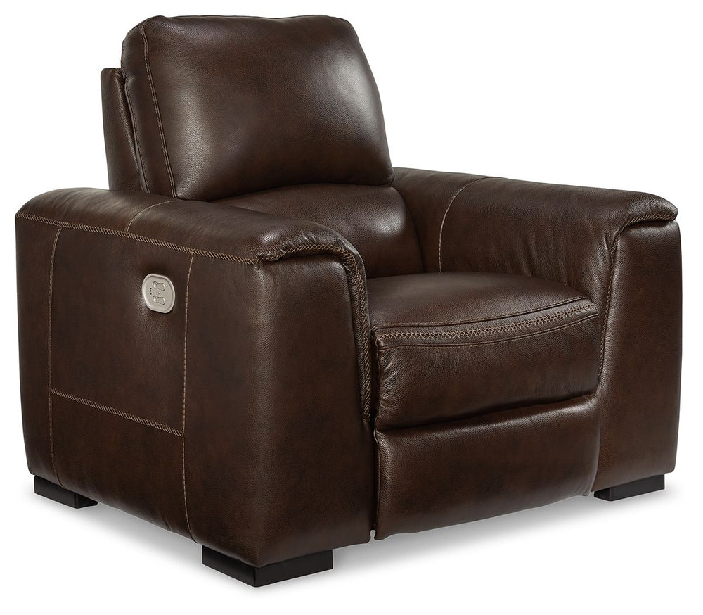 Impressive in scale while keeping an air of refinement, this power recliner stuns with a combination of soft, supple leather and perfectly matched faux leather upholstery in walnut. Sink into the seating area and cater to your comfort with one-touch power