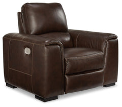 Impressive in scale while keeping an air of refinement, this power recliner stuns with a combination of soft, supple leather and perfectly matched faux leather upholstery in walnut. Sink into the seating area and cater to your comfort with one-touch power