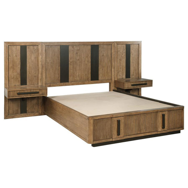  perfectly complementing the matching headboard (not included) with vertical fluting and a dark center stripe. The wall panel is adorned with one slim dra