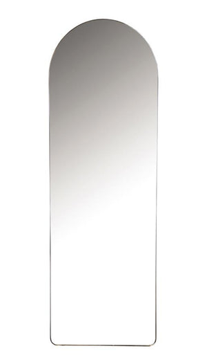 This full-length floor mirror features a striking arched silhouette with a minimalist metal frame. Designed for vertical mounting or floor placement, its slim profile delivers a clean, contemporary look. The expansive glass surface provides a complete hea