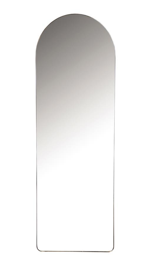 This full-length floor mirror features a striking arched silhouette with a minimalist metal frame. Designed for vertical mounting or floor placement, its slim profile delivers a clean, contemporary look. The expansive glass surface provides a complete hea