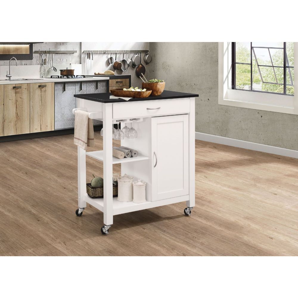 Our Ottawa kitchen cart covers your need for storage and more. This multifunctional kitchen cabinet is a freestanding island that features four wheels for legs, each with a locking feature so it doesn-'t slip away while you are chopping fresh herbs and ve