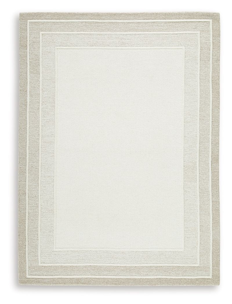 With its simple border design and soft, neutral color palette, this hand-tufted rug brings a touch of casual elegance to your abode. Its plush wool pile feels luxuriously soft underfootâ€”perfect for adding warmth and texture to your entertainment area, b