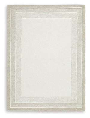 With its simple border design and soft, neutral color palette, this hand-tufted rug brings a touch of casual elegance to your abode. Its plush wool pile feels luxuriously soft underfootâ€”perfect for adding warmth and texture to your entertainment area, b
