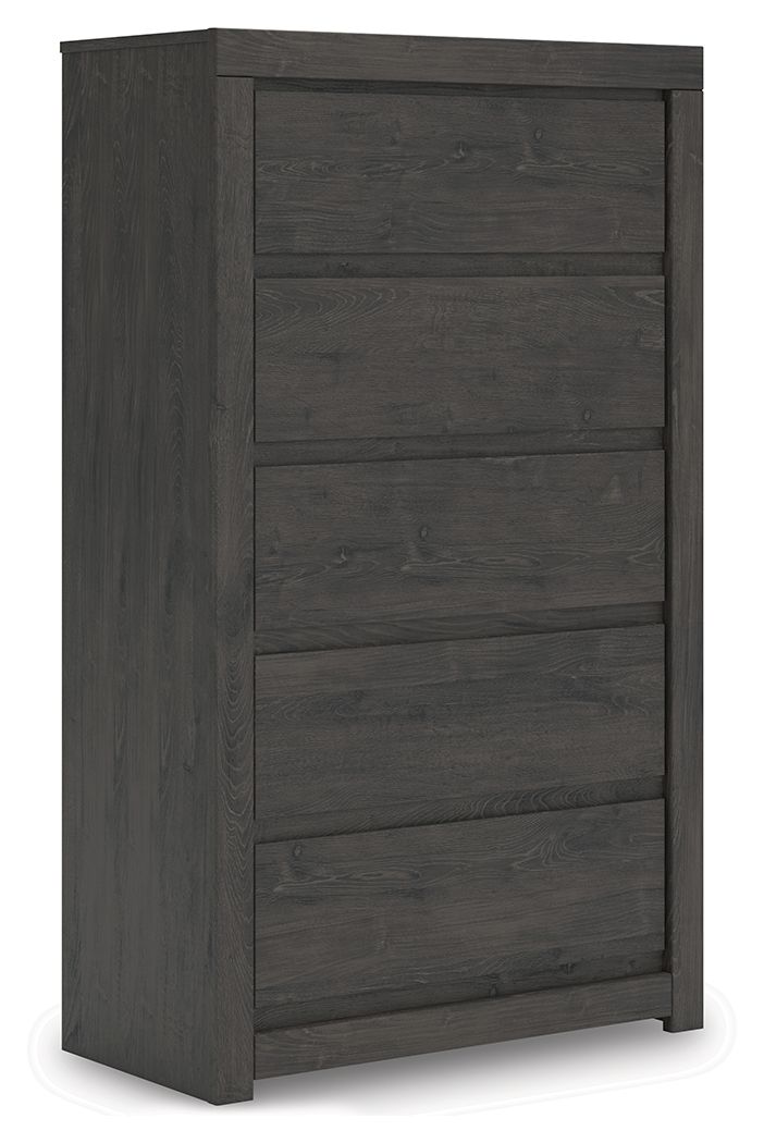 Find serene simplicity in the clean lines and dark neutral tones of this chest of drawers. Itâ€™s a sincere approach to modern elegance, giving you high style at a great value. A sleek hardware-less design creates a fuss-free look. Short on storage? This 