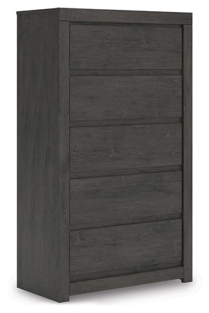 Find serene simplicity in the clean lines and dark neutral tones of this chest of drawers. Itâ€™s a sincere approach to modern elegance, giving you high style at a great value. A sleek hardware-less design creates a fuss-free look. Short on storage? This 