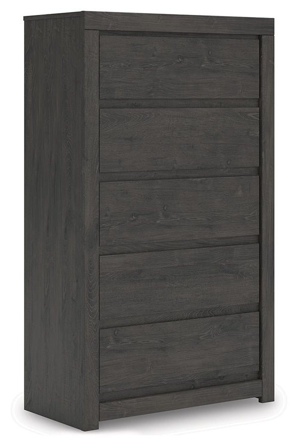 Find serene simplicity in the clean lines and dark neutral tones of this chest of drawers. Itâ€™s a sincere approach to modern elegance, giving you high style at a great value. A sleek hardware-less design creates a fuss-free look. Short on storage? This 