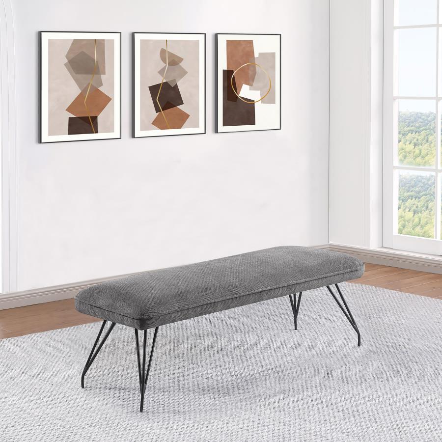 Put the finishing touches on your kitchen or dining room table with this mid-century inspired modern dining bench. Offering vintage appeal, it features splayed, hairpin style legs that bring both lightness and familiarity. The long, backless bench seat is