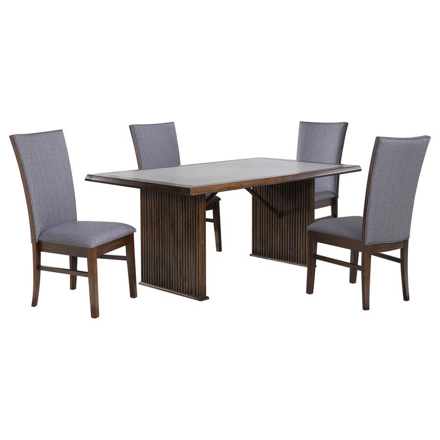 Transform your dining area with this sophisticated dining set, featuring a 72-inch reeded dining table and complementing upholstered side chairs. The table-'s ceramic top combines elegance and durability, while the reeded base adds texture and timeless ap