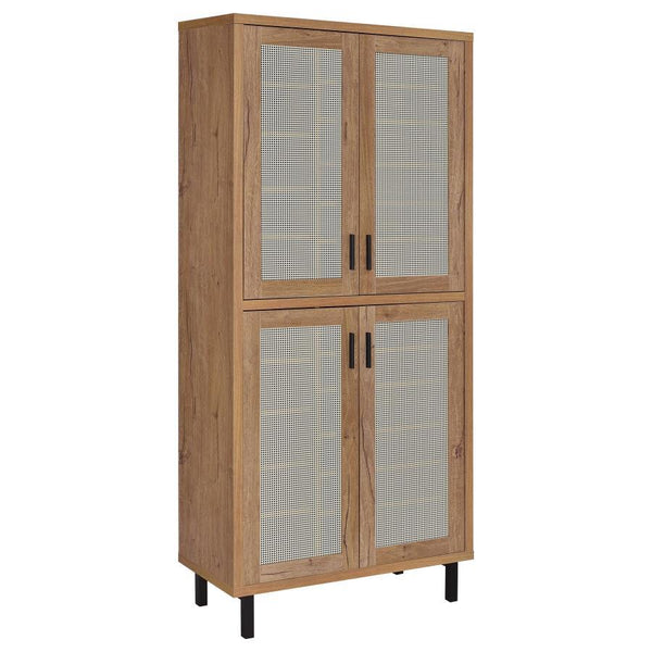 This tall shoe cabinet combines modern industrial design with practical functionality, featuring a natural oak finish and four metal mesh-framed doors for ventilation. Designed to organize your footwear collection, it includes 14 adjustable shelves, accom