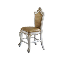 KD, Armless Chair (High Backrest) Stationary Seat: Counter Height Padded SEAT & BACK: PU, Nailhead Trim (Grid Pattern Inside) Arched Backrest: Button Tufted Outside, Wood Frame with Oversized Crown and Raised Scrolled Motifs Wooden Scalloped Apron Seat: R