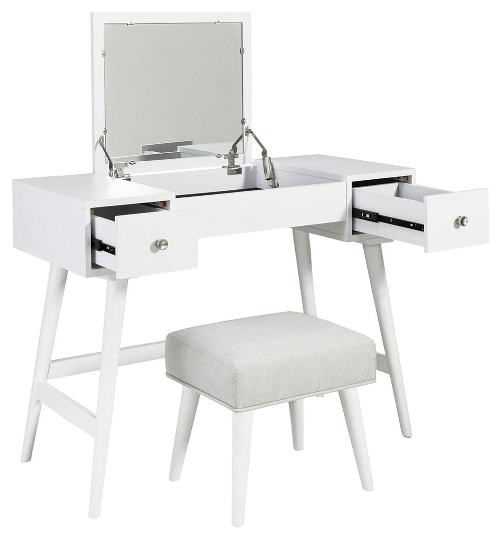 Whether in a teenâ€™s room, master bedroom or dressing area, the mid-century inspired design of this vanity set in white is packed with possibilities. The flip-top design makes it doubly handy as a vanity or writing table