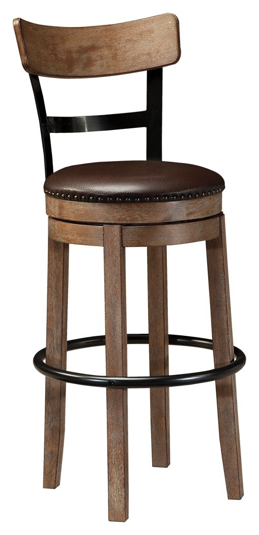 This pub height bar stool serves a sense of refinement without all the formality. A 360-degree spin element keeps you in the flow of conversation, while faux leather upholstered seating incorporates comfort and easy cleanup. The frameâ€™s signature finish