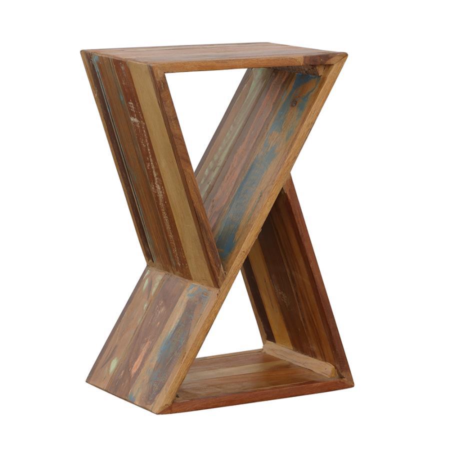 This reclaimed wood side table combines modern geometry with rustic charm. The hourglass-inspired silhouette features intersecting triangular shapes for an artistic touch. Constructed with reclaimed wood, the natural finish highlights the grain variations