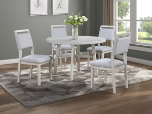 Create a warm and inviting dining space with this stylish and timeless set. Featuring a beautifully crafted round tabletop with a light, weathered finish, it brings a touch of rustic charm while maintaining a modern aesthetic. The sturdy legs provide last