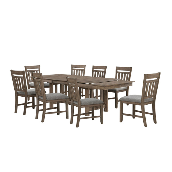  featuring a dining table and eight side chairs finished in a deep walnut brown. This set is robustly constructed from solid rubberwood