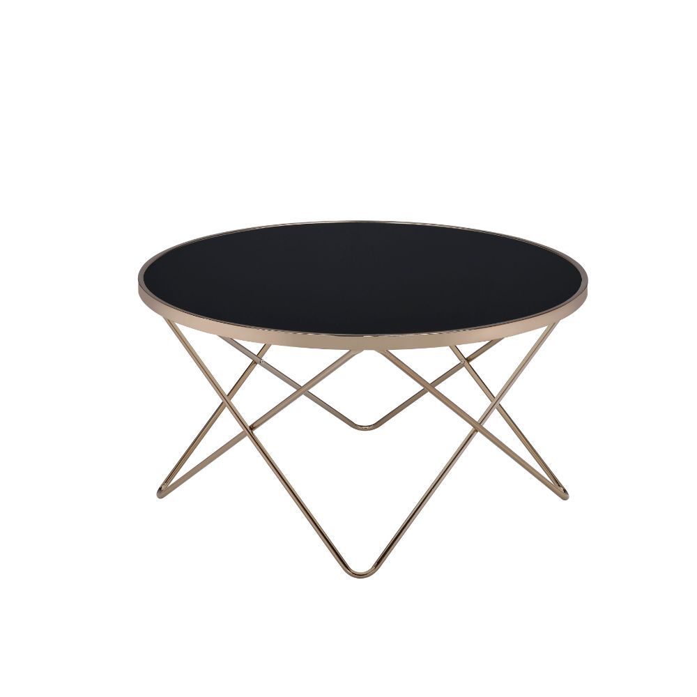 Update your living room with a functional art piece. The Valora coffee table uses a mid-century inspired base finished in champagne and supports a framed black glass top. The finish and black glass make for a sophisticated look.<br/><br/><b>Product Featur