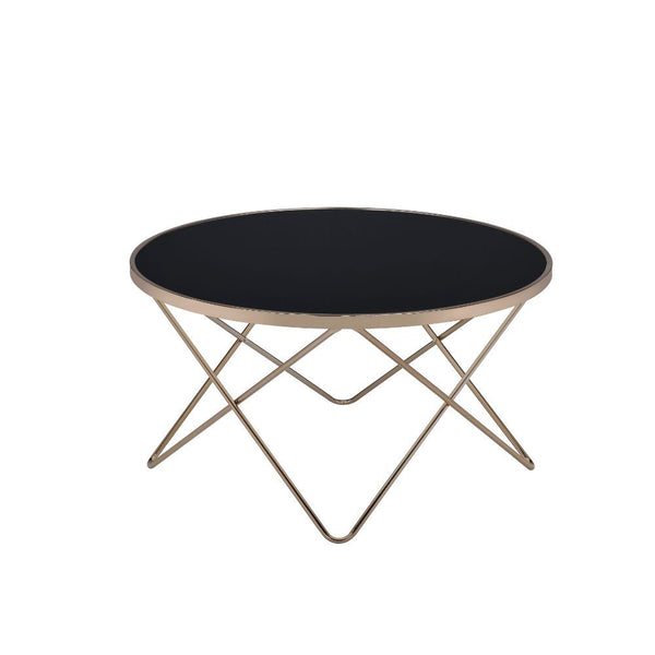 Update your living room with a functional art piece. The Valora coffee table uses a mid-century inspired base finished in champagne and supports a framed black glass top. The finish and black glass make for a sophisticated look.<br/><br/><b>Product Featur