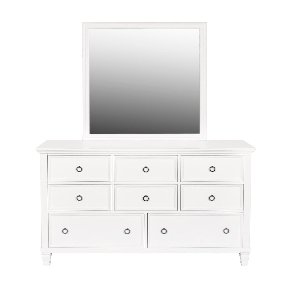 The Tamarack 8 Drawer Dresser and Mirror in white is a perfect blend of durability and elegance. Crafted with a combination of solid poplar, basswood veneers, and eco-friendly manufactured wood, this set ensures strength and long-lasting durability. Its v