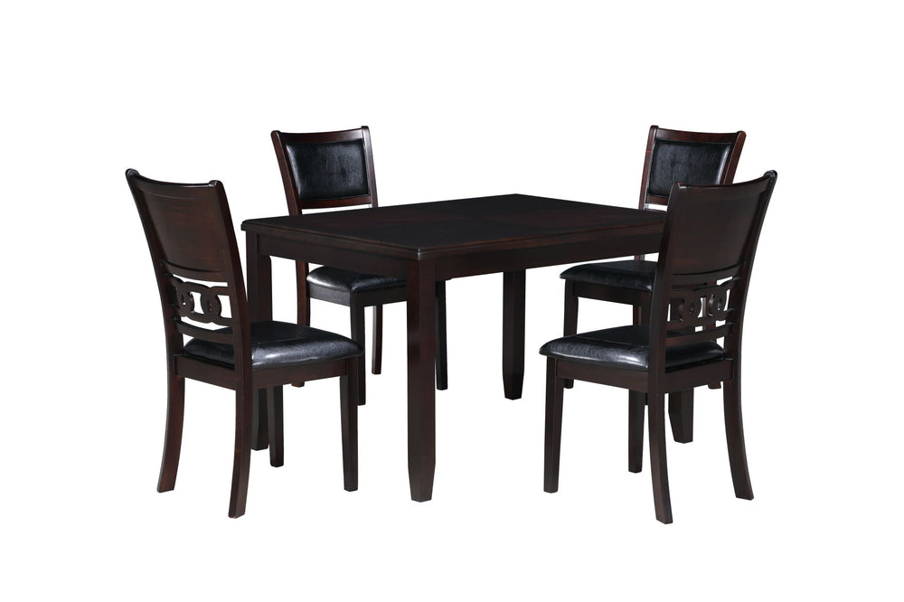 Upgrade your dining area with the New Classic Furniture Gia 5-Piece Wood Rectangle Dining Set, a perfect combination of durability and timeless beauty. Crafted from solid Rubberwood and Mindi veneers, this set is built to last. The deep ebpny finish, achi