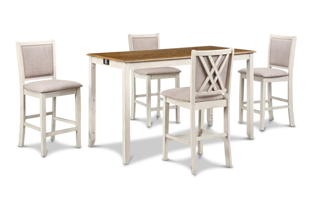 The Amy 5-piece 60â€ counter dining set is a perfect union of practicality and. This comprehensive set includes a counter-height 60" dining table with a convenient storage shelf, four chairs, along with hardware, and assembly instructions for hassle-free