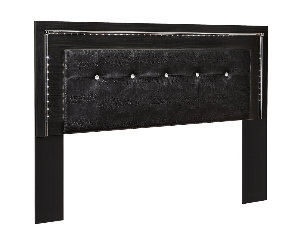 Rest easy. The luxurious look youâ€™ve been dreaming of is yours for the taking, at a price sure to put you at ease. This upholstered headboard brings a sense of old Hollywood with a contemporary flair. A deep, dark finish, faceted chrome-tone accents and