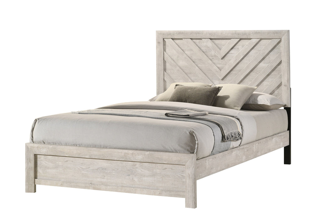 This bedroom collection encapsulates a blend of contemporary design and rustic charm. The centerpiece, a bed with a distinguished chevron patterned headboard, evokes a sense of craftsmanship and texture, infusing the space with character. Flanking the bed