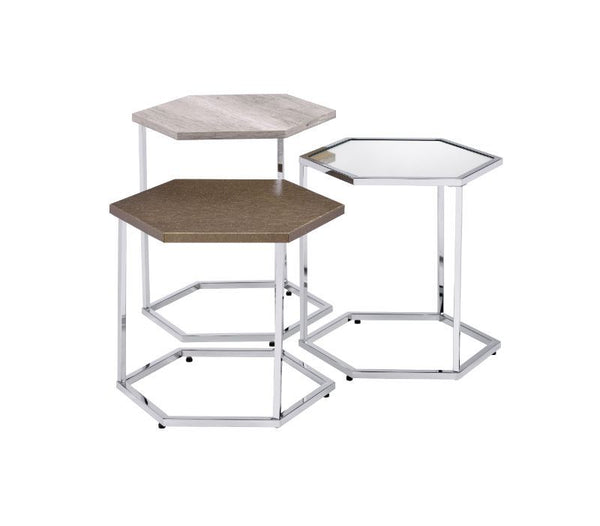 Non-traditional geometric designs add fabulous accents to your living room. This lovely nesting table set features six-sided table tops that offer a fantastic honeycomb geometric flair in your room decor. Metal table frame showcases a clean-lined silhouet