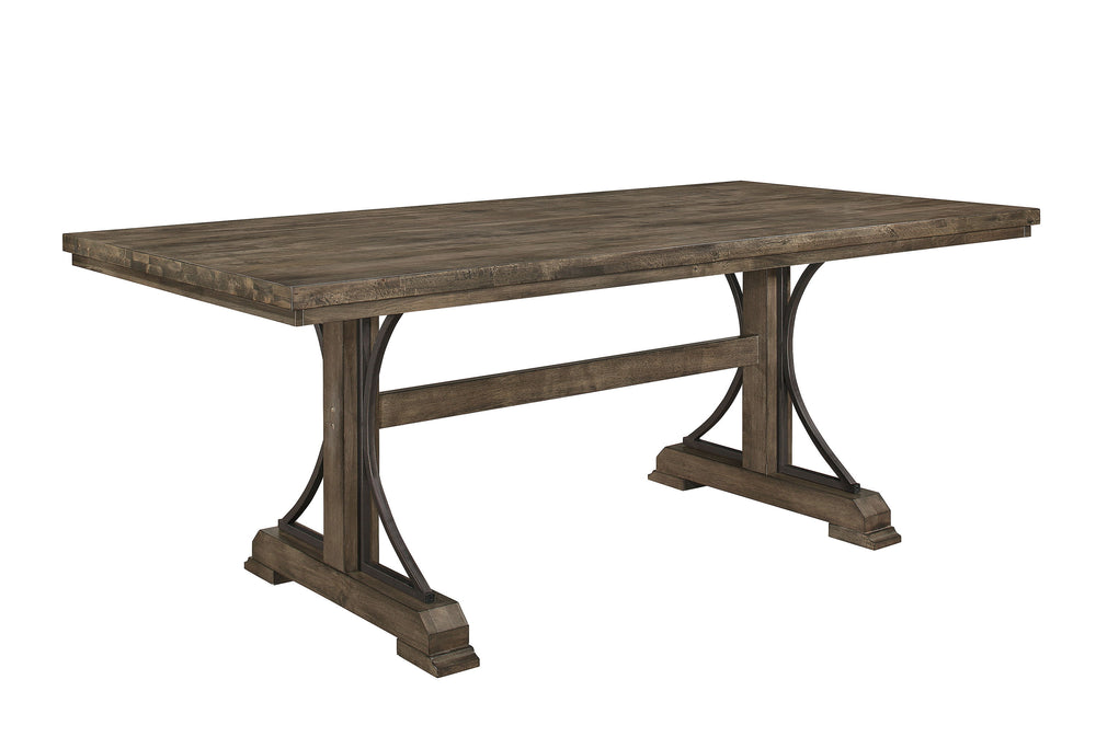 Experience rustic charm combined with urban sophistication in our latest dining ensemble. This collection boasts a robust wooden table with a distressed finish, capturing the essence of reclaimed beauty. The intricate trestle base showcases fine craftsman