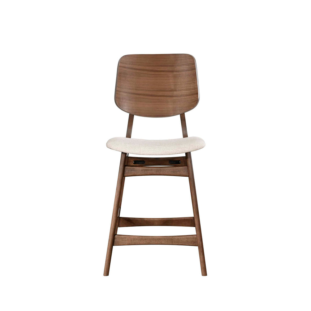 The Oscar Mid-Century Modern Counter Height Dining Chairs (Set of Two) offer a perfect blend of style and practicality for your dining space. Crafted from solid Rubberwood and Walnut veneers, these counter height chairs are built to last, with reinforcing