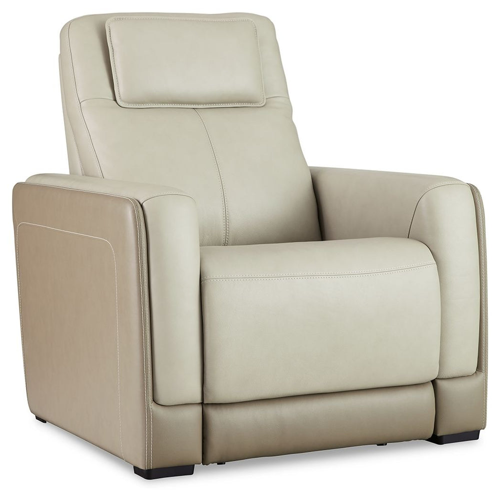 Double down on sleek style with this power recliner. It has a streamlined, space-conscious appeal, with two-tone upholstery in neutral hues creating subtly striking visual intrigue. And with one-touch reclining, an adjustable headrest and wireless chargin
