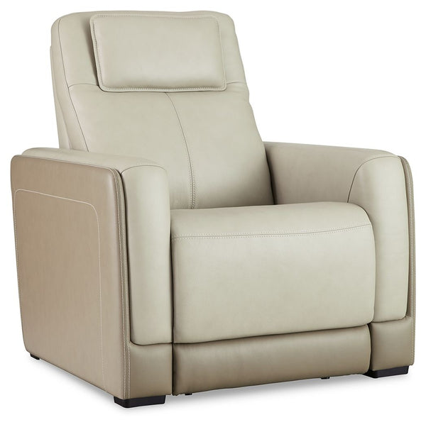 Double down on sleek style with this power recliner. It has a streamlined, space-conscious appeal, with two-tone upholstery in neutral hues creating subtly striking visual intrigue. And with one-touch reclining, an adjustable headrest and wireless chargin