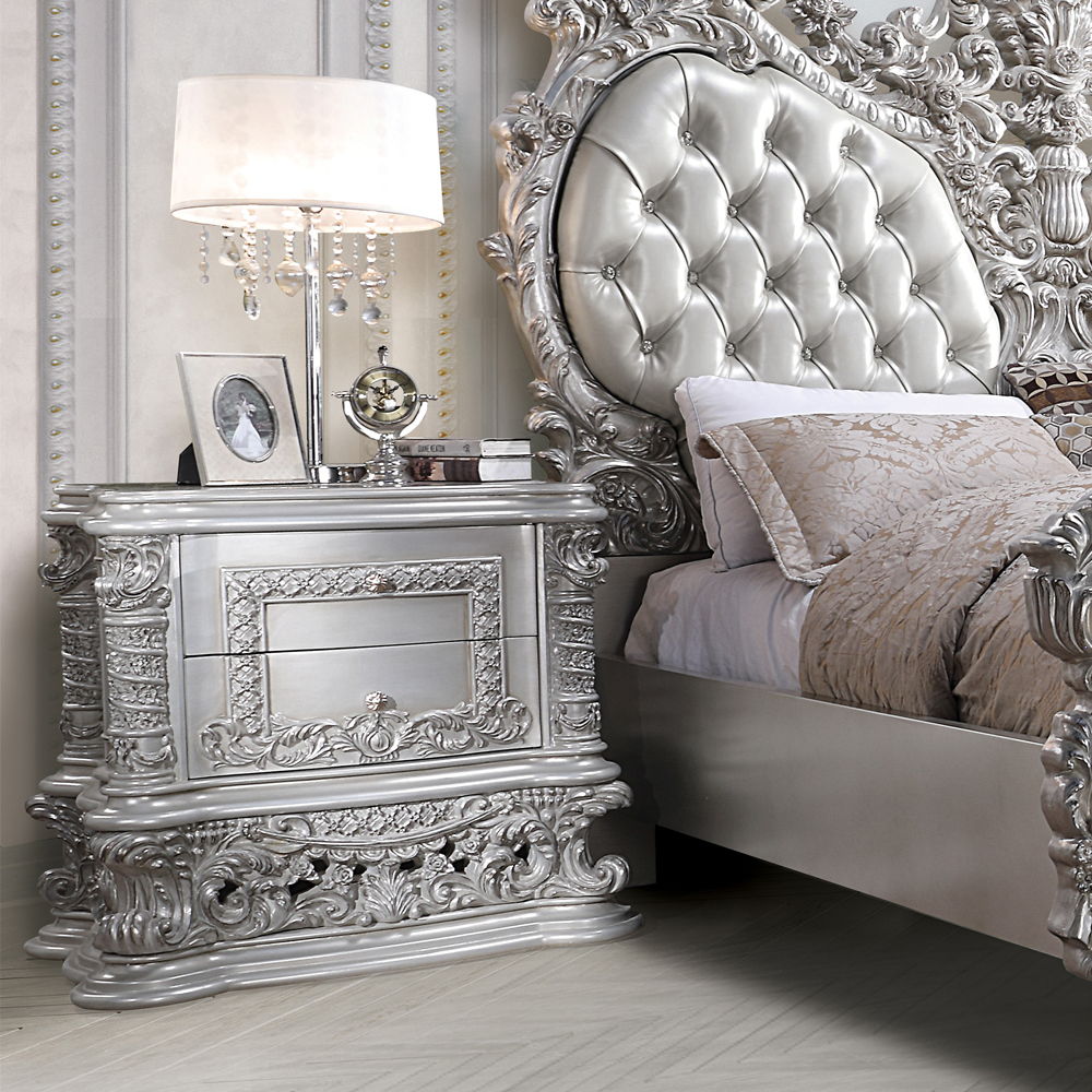 Characterized with button-tufted upholstery, intricate scrollwork, and lustrous finish, the Valkyrie Bedroom Collection provides the feeling of luxury and sophistication. Ornate carvings with floral scroll design on each piece boast extravagant silhouette