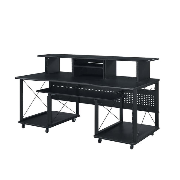  the Megara music desk is a great option for aspiring artists or producers. It offers plenty of mounting rack space for a lot of musical equipment. It features a pull-out keyboard tray and a smaller pull-out tray on the hutch f